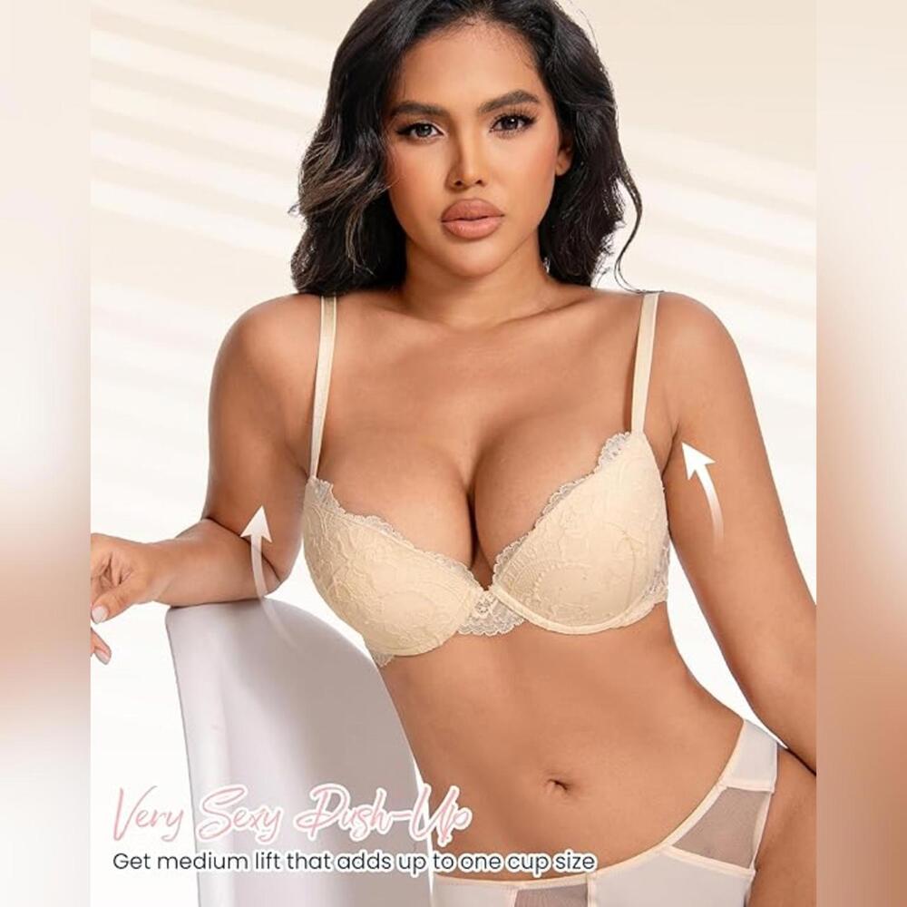 NWT IHOIU Thick Padded Demi Plunge Underwire Convertible Lace Push Up Bra, 38C